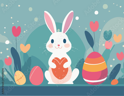 Coelho de Páscoa fofinho em um cenário colorido e com ovos de Páscoa | Cute Easter bunny in a colorful setting with Easter eggs