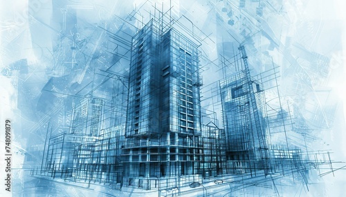 High-Rise Building Blueprinting, blueprinting for high-rise building projects with an image featuring architects and structural engineers designing skyscrapers and tall structures,  AI