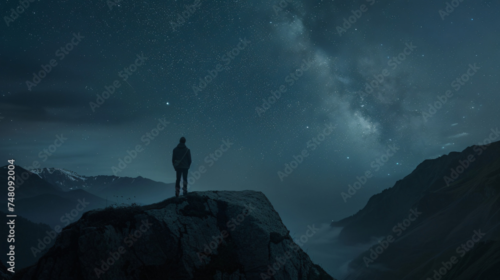 Man standing on the mountain at night with starry 