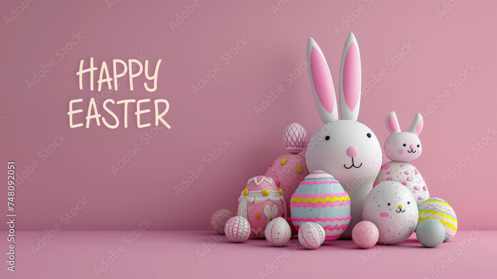 Tarjeta de huevos de pascua pintados de colores, junto a huevos decorados junto a un conejo con grandes orejas y otro más pequeño y la inscripción happy easter, sobre sobre superficie y fondo rosa Tarjeta de huevos de pascua pintados de colores, junto a huevos decorados junto a un conejo con grandes orejas y otro más pequeño y la inscripción happy easter, sobre sobre superficie y fondo rosa