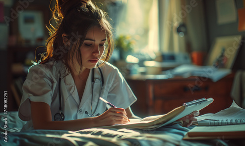 A medical student, comfy in her room, delves into studies with a notepad in hand. Balancing books and coziness, she's mastering the art of healing in style!
