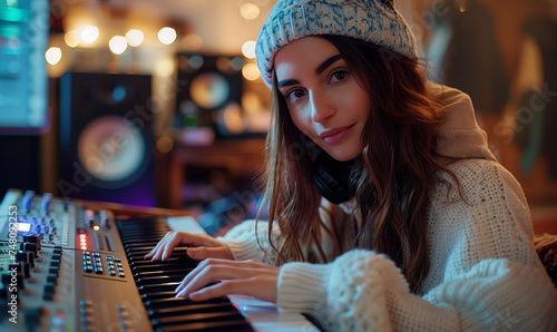 Keyboard charmer alert! A young girl, fingers dancing on an electric keyboard, gazes at the camera with a mischievous glint. She's not just playing notes; she's crafting a sonic adventure! photo