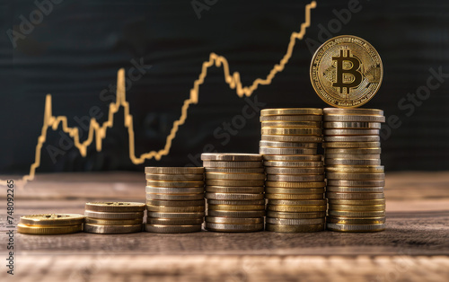 Bitcoin bullrun. BTC coins with trading chart on background. 