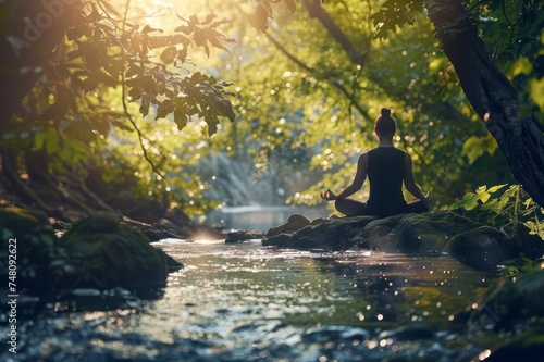 A person practices stress-reducing techniques surrounded by the soothing sounds of nature. Tranquil scene in a forest where dappled sunlight filters through the leaves onto a secluded meditation spot.