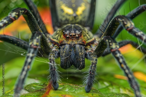 Close-up of Invasive Joro spider sitting on its web photo