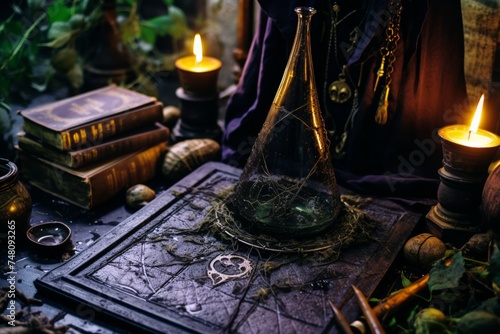 Magician setting up magical items on table for captivating enchanting mystical ritual