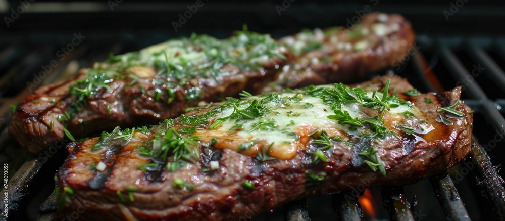 Two steaks are sizzling on a grill, cooking to perfection. The flames and smoke add flavor as the meat sears, creating a mouthwatering aroma. Two steaks are sizzling on a grill, cooking to perfection. The flames and smoke add flavor as the meat sears, creating a mouthwatering aroma.