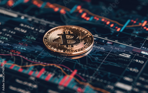 Bitcoin is the most liquid asset. Coin against the background of traders’ charts. Abstract background.