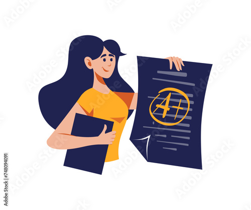 Woman with written sheet with great grade mark. Flat style vector illustration. Education, knowledge, studying concept.