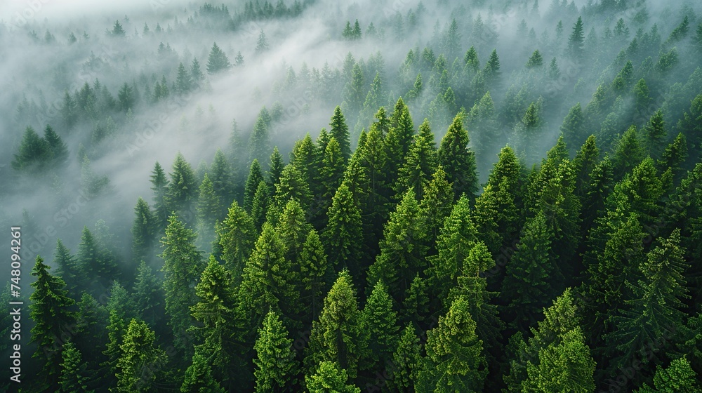 Forest in the fog, top view. Background. Created with Generative AI Forest in the fog, top view. Background. Created with Generative AI