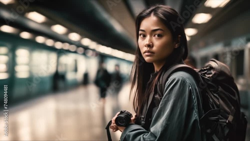 Asian woman traveler waiting for train at station