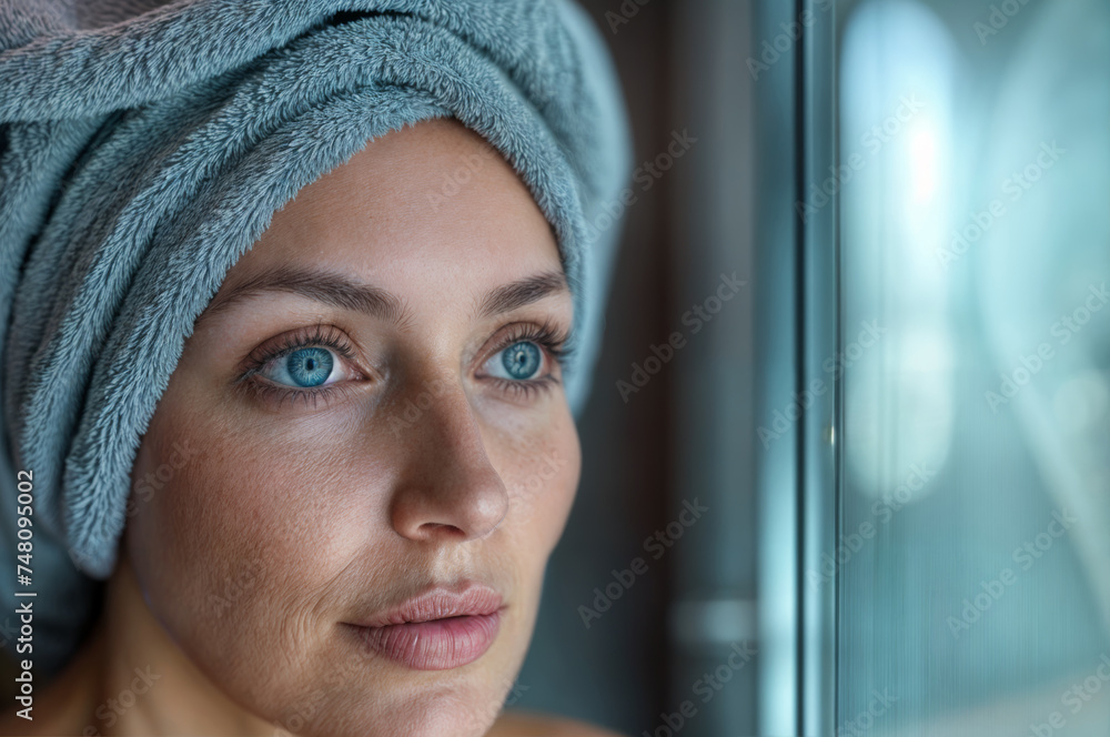 Close-up portrait of beautiful woman with blue eyes and towel on head Close-up portrait of beautiful woman with blue eyes and towel on head