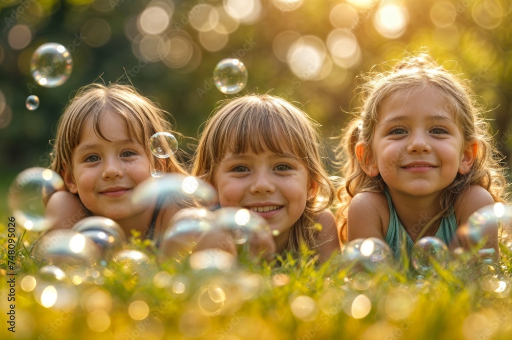 Three little girls lying in the grass and playing with soap bubbles. Three little girls lying in the grass and playing with soap bubbles.