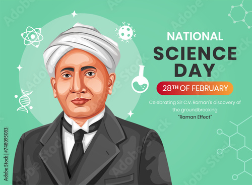 C. V. Raman Vector. Indian National Science Day celebration, banner with lab equipment background