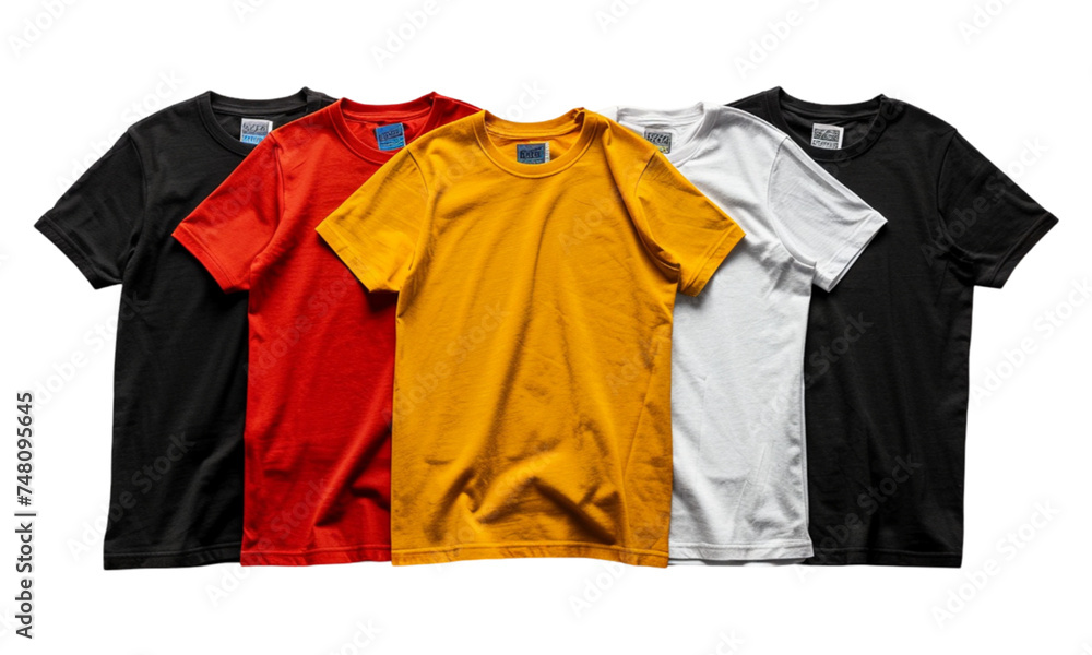Flat lay arrangement of blank t-shirts with space for adding custom designs or text on transparent background Flat lay arrangement of blank t-shirts with space for adding custom designs or text on transparent background
