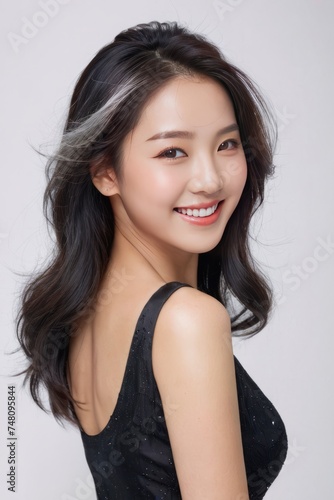 Portrait of a beautiful girl with a bright smile, wearing a seductive black dress