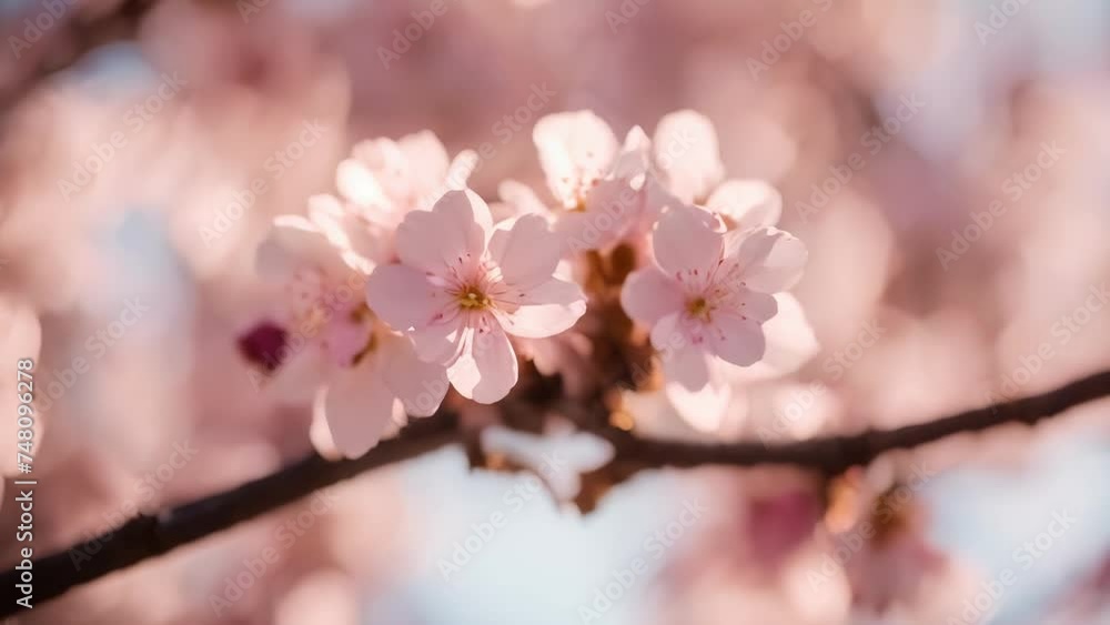 The tree branch is decorated with the gentle pink hue of cherry blossoms in bloom
The tree branch is decorated with the gentle pink hue of cherry blossoms in bloom
