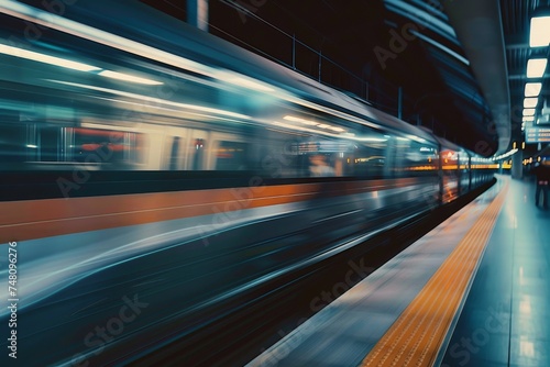 Blurred Motion of Train Speeding Through Station