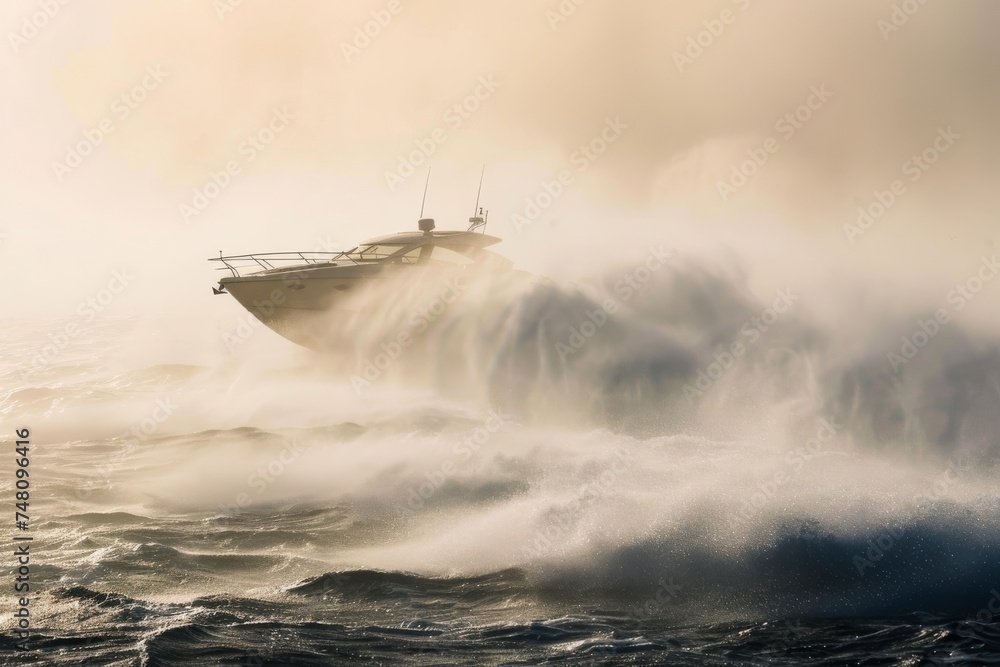 Yacht Emerging from Misty Ocean Waves at Dawn