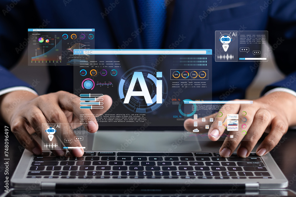 Fototapeta premium Businessman use artificial intelligence AI technology for enhanced work efficiency data analysis and efficient tools, Unlocking work potential with AI solutions chatbot help solve work problems.