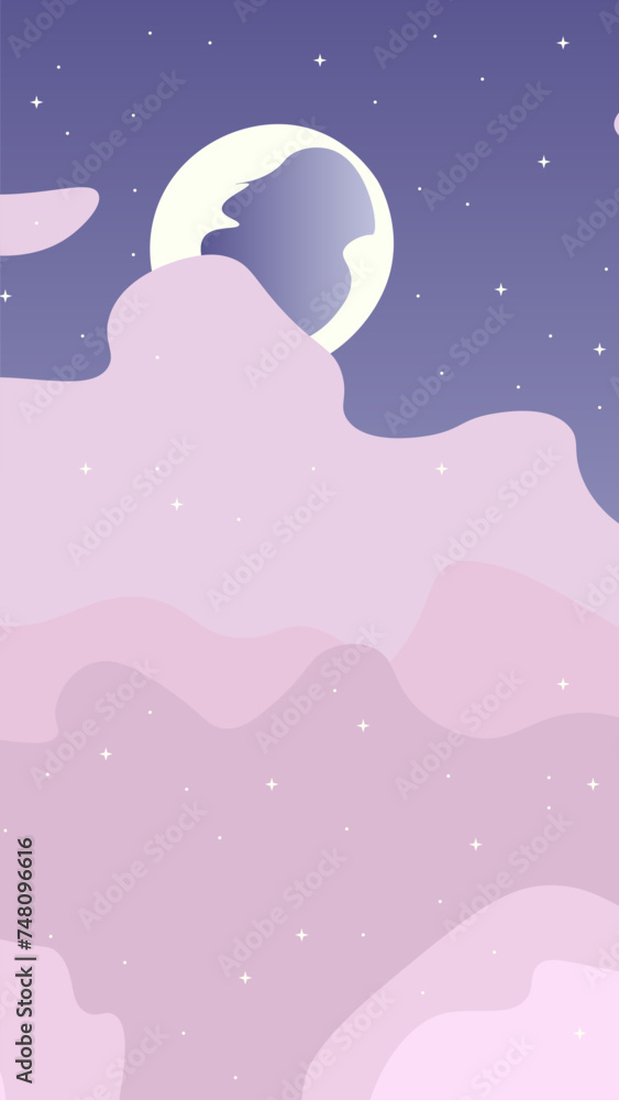 Abstract Phone Wallpaper Instagram Stories Fantasy Cute Landscape Moon Stars  Purple Pink Clouds Vector Design