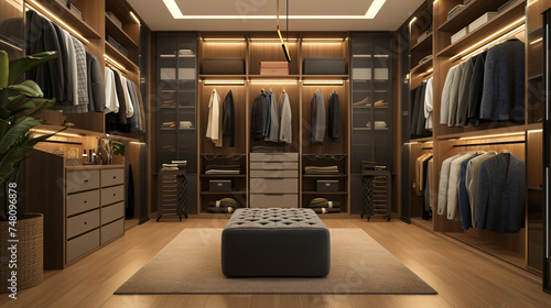Modern minimalist men walk-in wardrobe with cloth