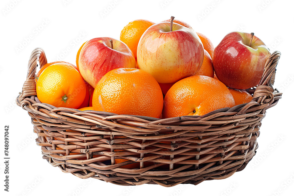 Assorted oranges and apples in wicker basket isolated white background PNG Assorted oranges and apples in wicker basket isolated white background PNG