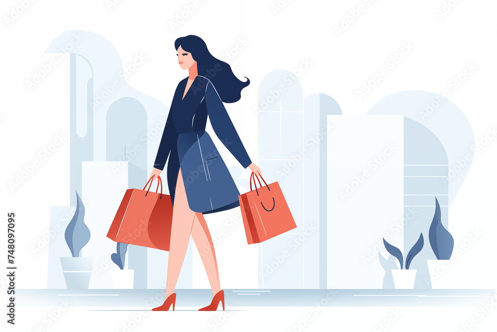 A confident woman on a shopping spree, adorned in a chic navy blue ensemble and red heels, carrying vibrant shopping bags
