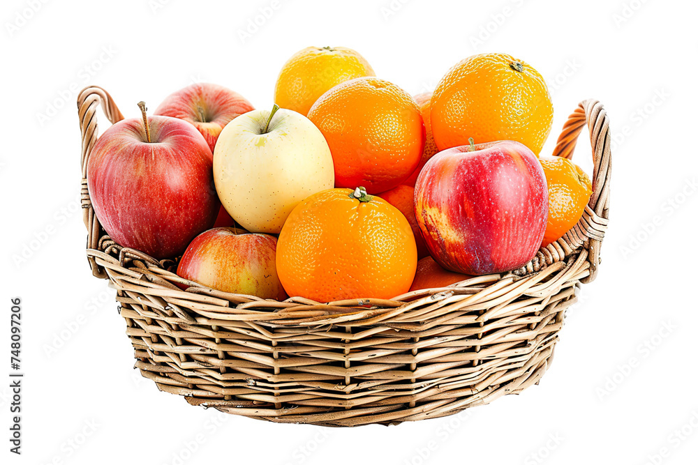Assorted oranges and apples in wicker basket isolated white background PNG Assorted oranges and apples in wicker basket isolated white background PNG