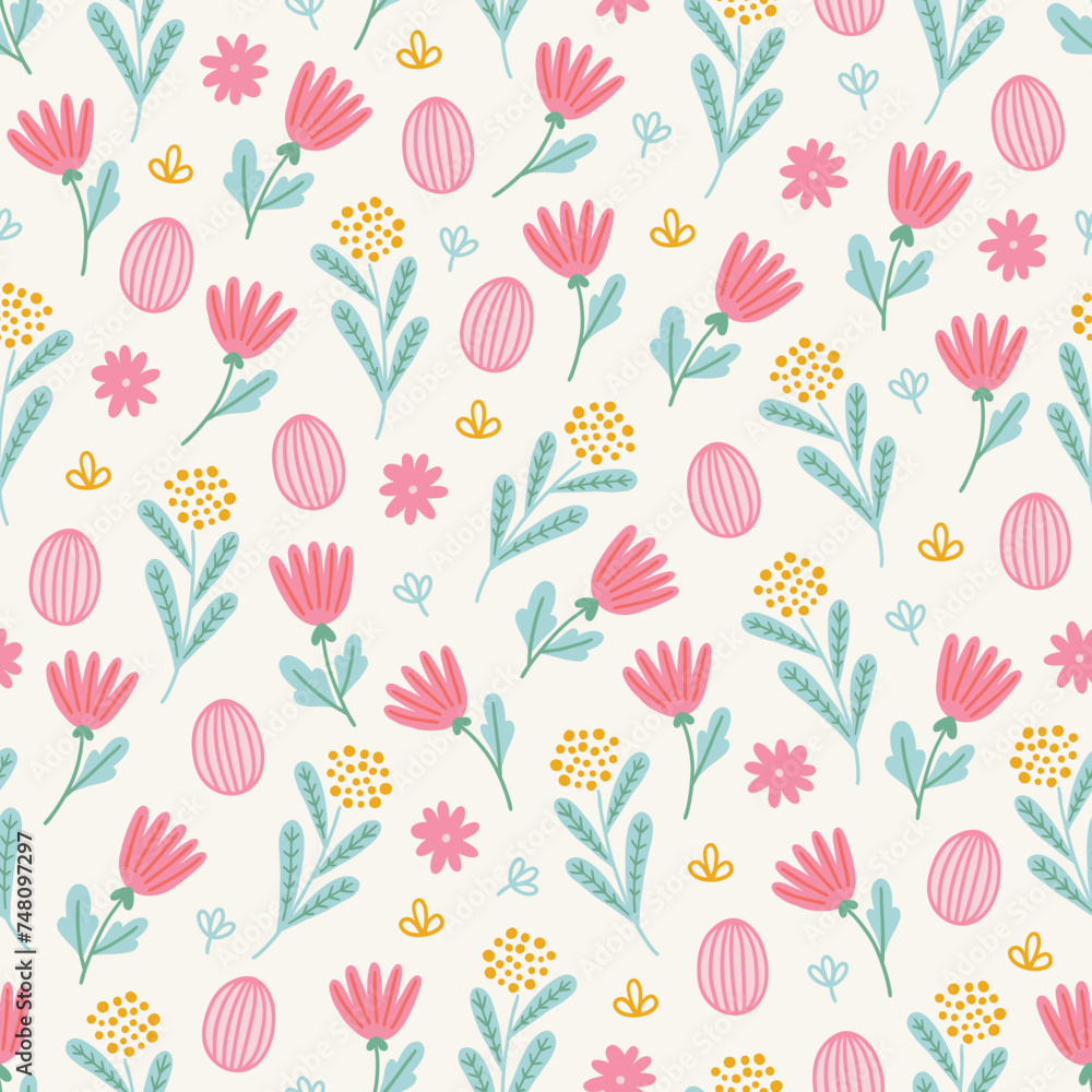 Easter seamless pattern with eggs, flowers and leaves. Vector illustration Easter seamless pattern with eggs, flowers and leaves. Vector illustration