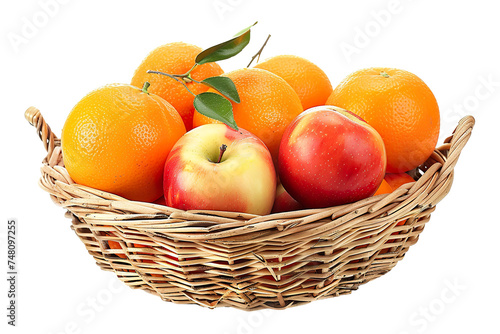 Assorted oranges and apples in wicker basket isolated white background PNG