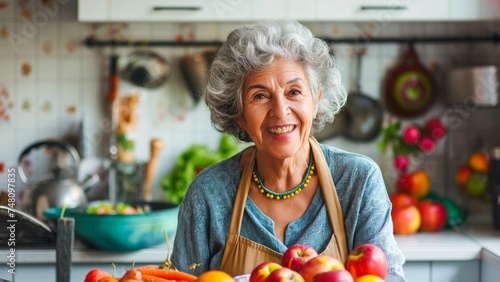 Portrait of a senior woman in the kitchen with apples and fruits.