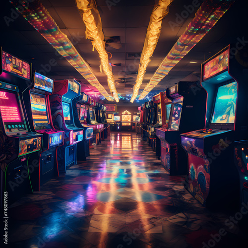A retro arcade with colorful lights.