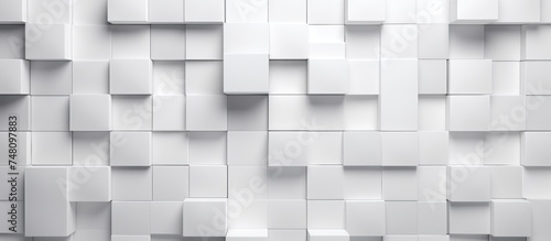 A black and white photograph showcasing a white wall covered in textured squares, creating an interesting pattern and depth in the image.