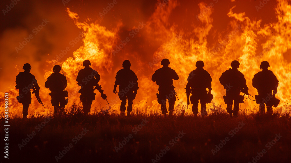 Group of Soldiers Standing in Front of a Fire