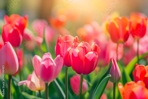 Beautiful Spring Nature background with tulip Flowers  selective focus. Vivid colors. Neural network generated in January 2024. Not based on any actual scene or pattern.