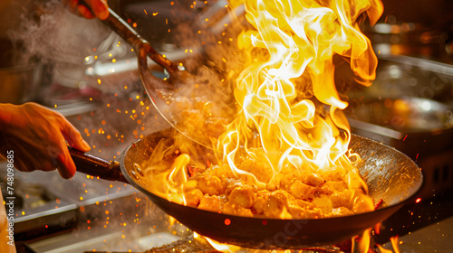 A chef's hands expertly maneuver a wok over a blazing fire, skillfully cooking food with precision and flair, creating a mesmerizing display of culinary expertise