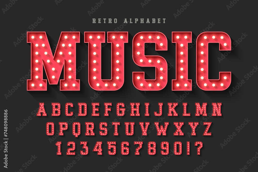 Retro cinema alphabet design, cabaret, warm lamps letters and numbers. Retro cinema alphabet design, cabaret, warm lamps letters and numbers.