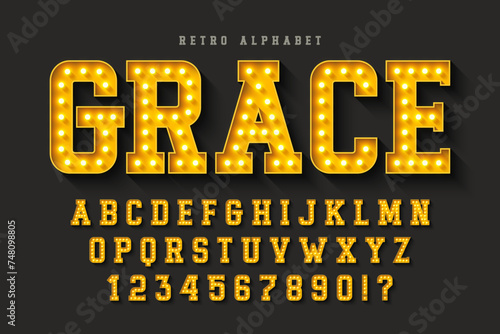 Retro cinema alphabet design, cabaret, warm lamps letters and numbers.