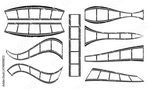Grunge abstract 35mm film strip set, 3d vector design with 5 frames on white background. Black film reel texture collection to use in photography, television, cinema, travel, photo frame.
