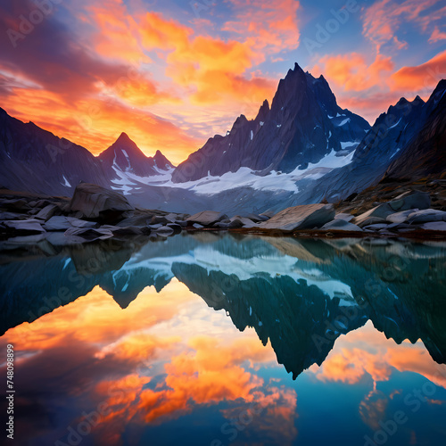 A serene mountain lake reflecting the colors of a vibrant sunrise.
