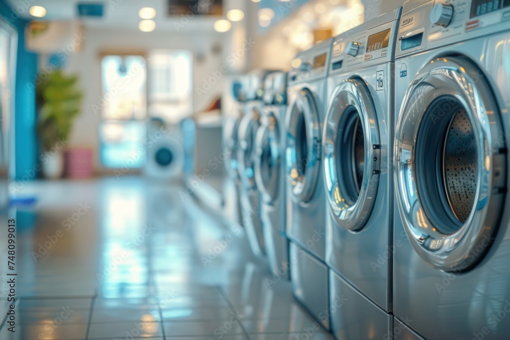 A row of front-loading washing machines lines the interior of a clean and modern urban laundromat. A row of front-loading washing machines lines the interior of a clean and modern urban laundromat.