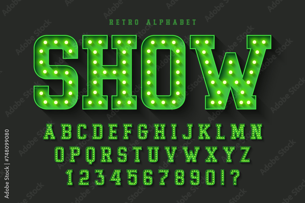 Naklejka premium Retro cinema alphabet design, cabaret, warm lamps letters and numbers.