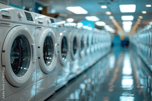 A row of front-loading washing machines lines the interior of a clean and modern urban laundromat.