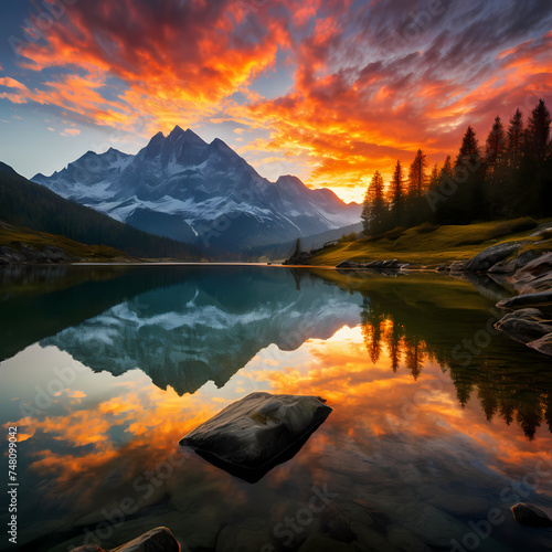 A serene mountain lake reflecting the colors of a vibrant sunrise.