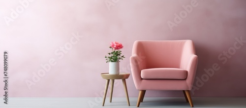 A pink armchair placed next to a small coffee table holding a vase of flowers. The room is decorated in a rosy brown color with a monochrome design  featuring an empty wall and a serene atmosphere.