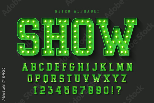 Retro cinema alphabet design, cabaret, warm lamps letters and numbers.