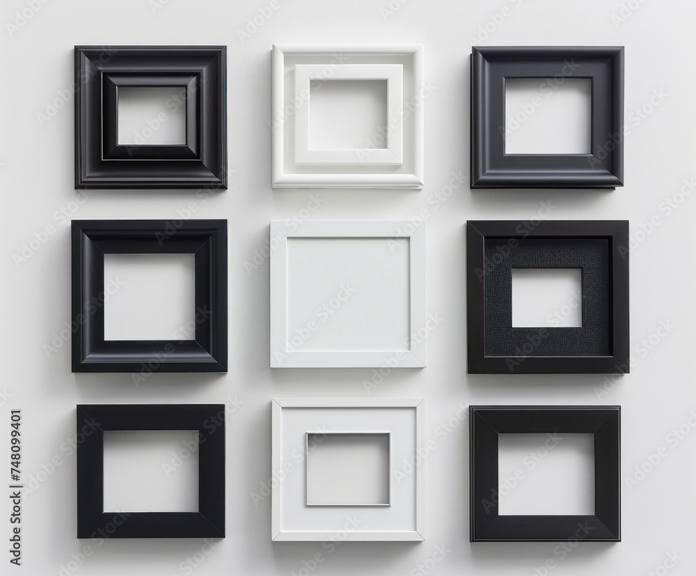 A collection of black and white picture frames arranged neatly against a white backdrop, showcasing a variety of sizes and depths in a symmetric flat lay format. A collection of black and white picture frames arranged neatly against a white backdrop, showcasing a variety of sizes and depths in a symmetric flat lay format.