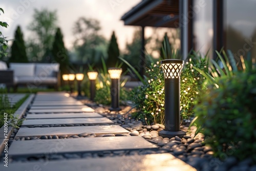 Modern solar-powered lights cast a warm glow along a stone garden path, enhancing the ambiance near a house as the evening approaches.