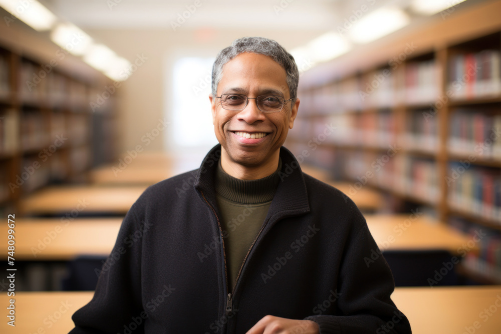 Smiling university professor in an empty classroom. Smiling university professor in an empty classroom.